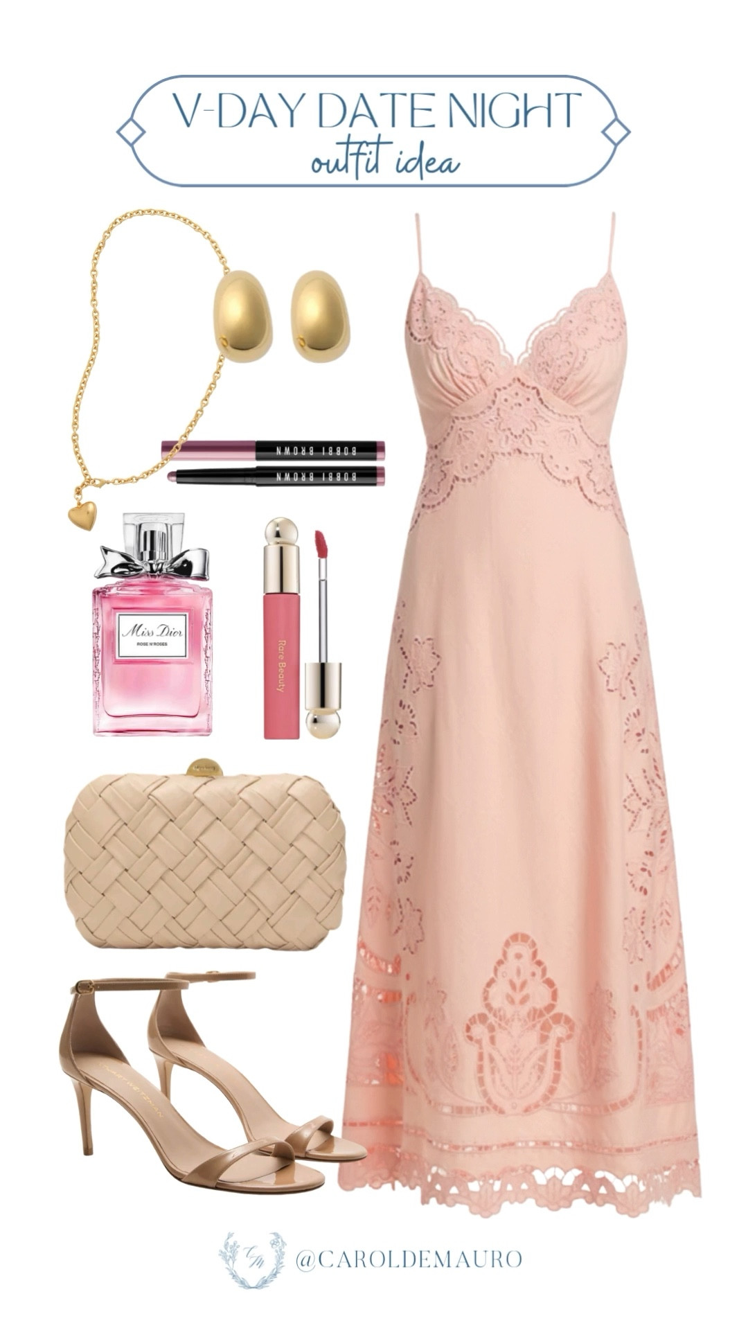 Something cute and chic for Valentine's? I got you! Throw on this pastel pink floral embroidery linen slipdress with nude ankle strap heels and a woven clutch.

date night, outfit idea, vday style, coquette aesthetic, soft girl look, lace dress, miss dior, what to wear

#LTKSeasonal #LTKBeauty #LTKValentine