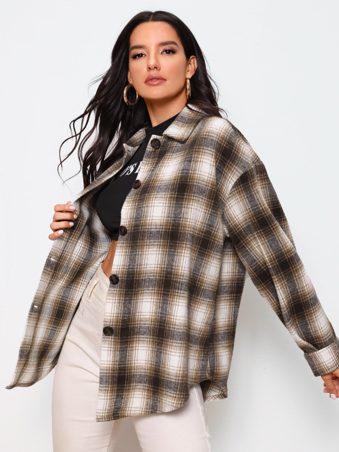 SHEIN Plaid Button-Front Drop Shoulder Overshirt | SHEIN