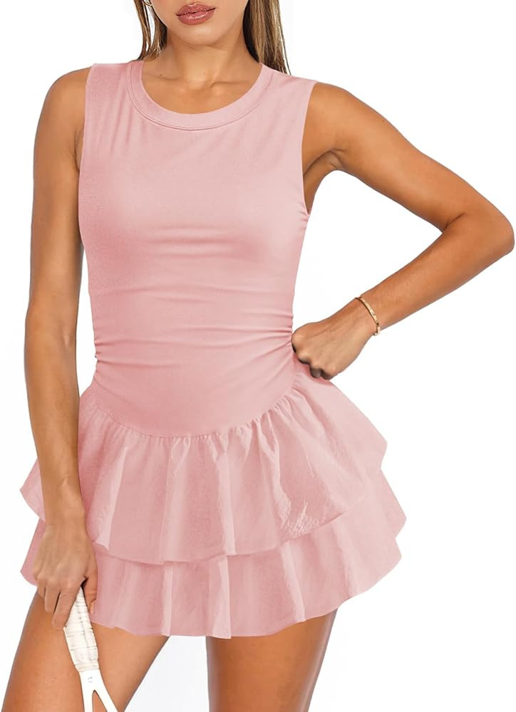 Women's Tennis Pleated Ruffle Athletic Dress for Women Mini Flowy Layered Ruffle Crewneck Sleevel... | Amazon (US)