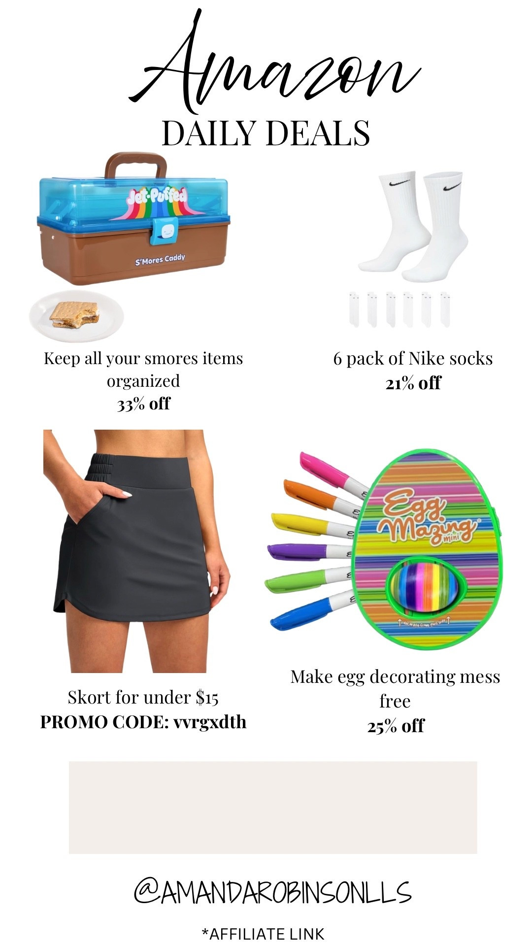 Amazon daily deals
S’mores container
Nike socks
Women’s skort
Egg mazing egg decorator 

#LTKActive #LTKKids #LTKSaleAlert