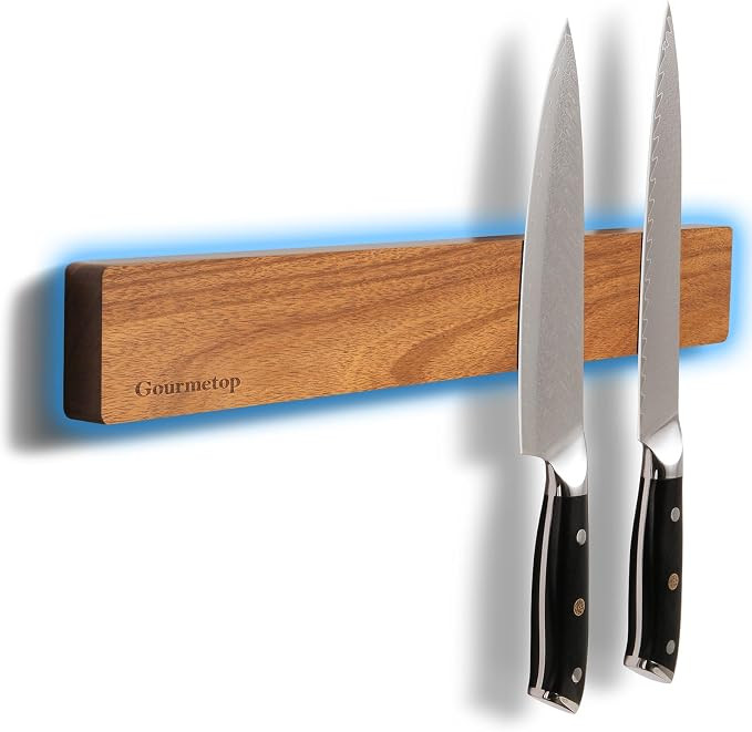 Magnetic Knife Holder for Wall 16\u201d, Acacia Wood, No Drill Fridge | Strong Dual-Row Magnet Ho... | Amazon (US)
