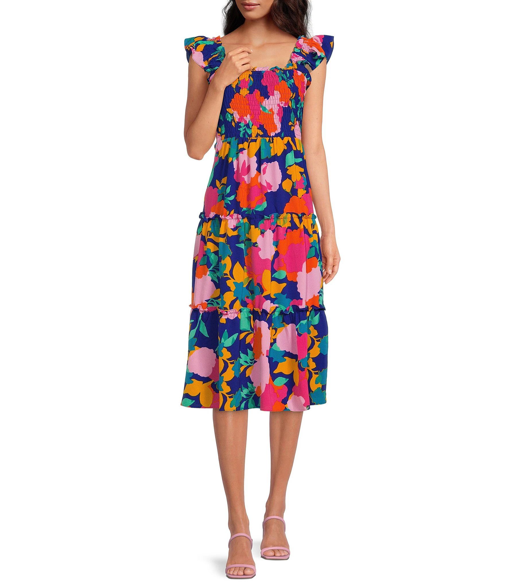 Tropical Floral Print Smocked Square Neck Ruffle Cap Sleeve Tiered Midi Dress | Dillard's