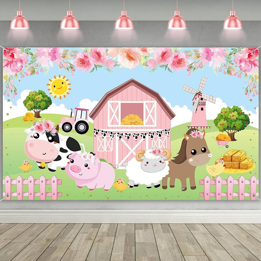 Farm Animals Theme Party Decorations, Pink Flowers Floral Barn Backdrop Banner for Grass Children... | Amazon (US)