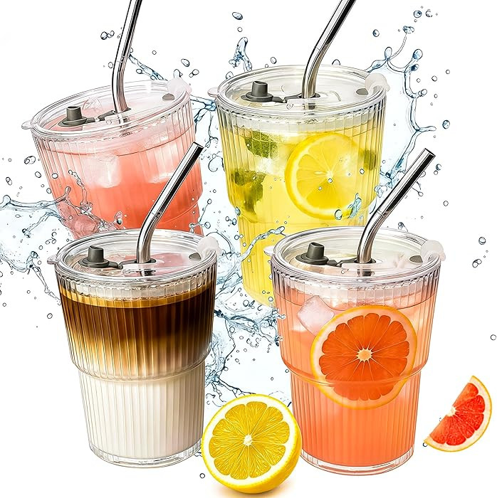 4 Packs Ribbed Glass Tumbler with Lid and Straw 13 oz Cute Ice Coffee Cup Set for Smoothie Juice ... | Amazon (US)