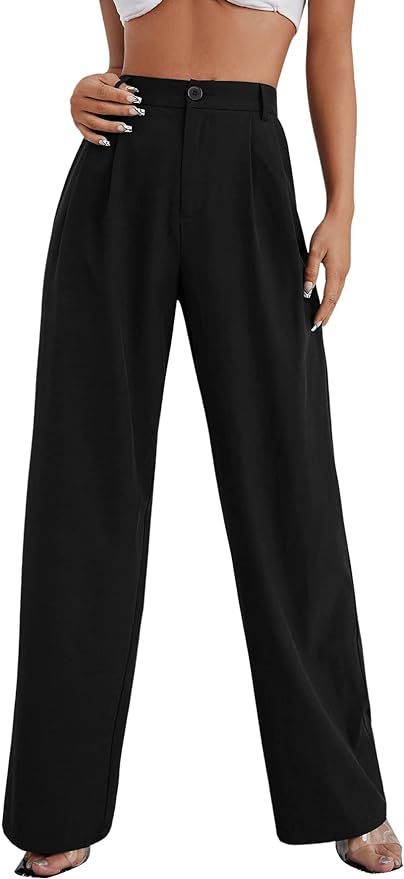 SweatyRocks Women's Casual Wide Leg High Waisted Button Down Straight Long Trousers Pants Black M... | Amazon (US)
