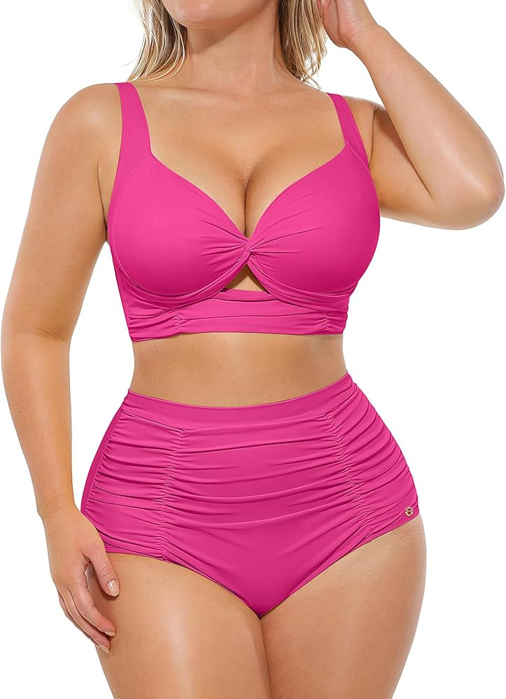 SHAPELLX High Waisted Bikini Tummy Control Two Piece Swimsuits for Women Ruched Bathing Suit Twis... | Amazon (US)