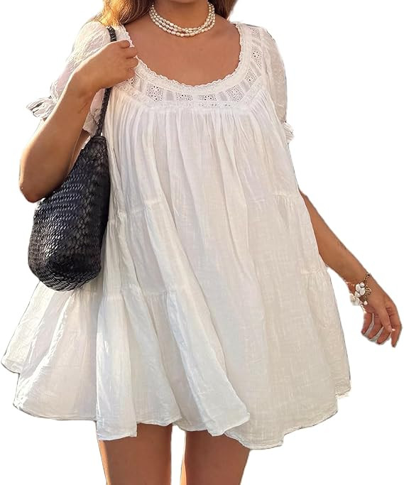 Women Puff Sleeve Babydoll Mini Dress Y2K Lace Trim Ruffle Flowy Dresses Summer Loose Swing Going... | Amazon (US)
