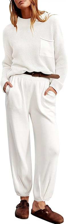 Caracilia Womens 2 Piece Outfits Sweater Sets Long Sleeve Knit Tops and Loose Pants Classy Matchi... | Amazon (US)