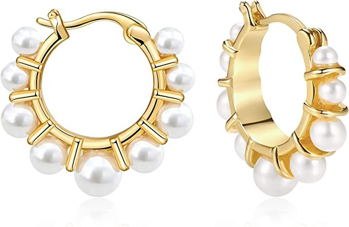 Pearl Gold Hoop Earrings for Women, 14K Plated Gold Hoop Earrings Lightweight Faux Pearl Earrings... | Amazon (US)