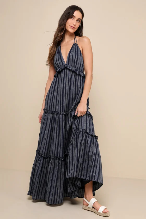 Vacay Babe Navy Blue Striped Halter Maxi Dress | Lulus