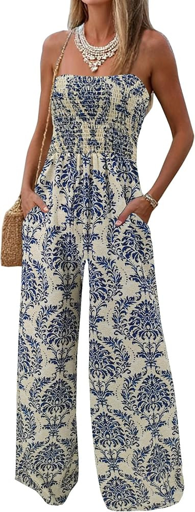 AUXDIO Womens Casual Strapless Summer Jumpsuits Loose Off Shoulder Smocked Sleeveless Wide Leg Ro... | Amazon (US)