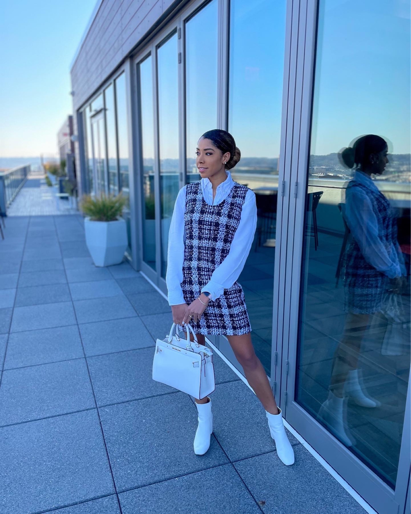 You plaid me at hello 🖤🤍

_
Plaid dress. Work fashion. Black and white. Button down shirt. White boots. Booties. 

#LTKFind #LTKworkwear #LTKSeasonal