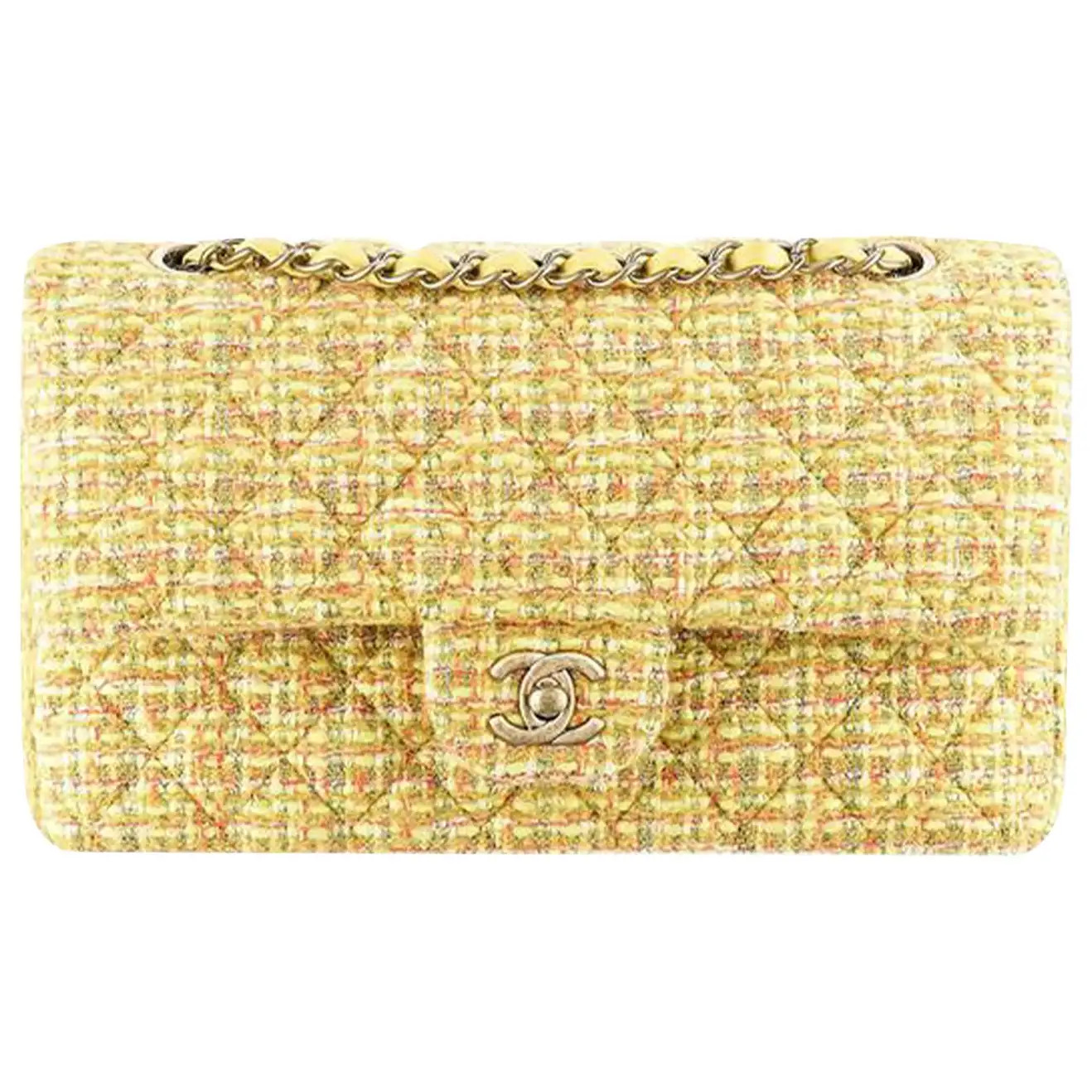 Chanel Classic Flap 2.55 Reissue Fall 2014 Yellow Tweed Handbag | 1stDibs