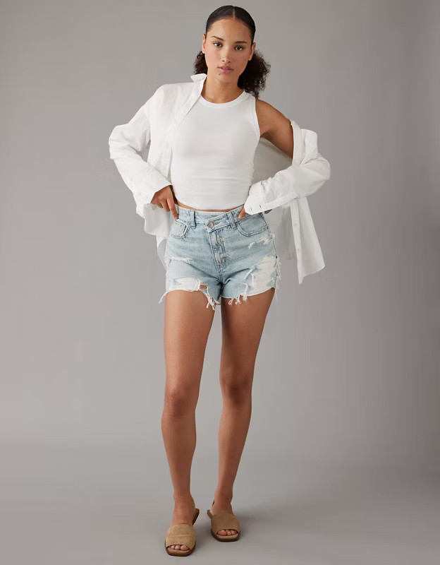 AE Strigid Curvy Ripped Denim Mom Short | American Eagle Outfitters (US & CA)