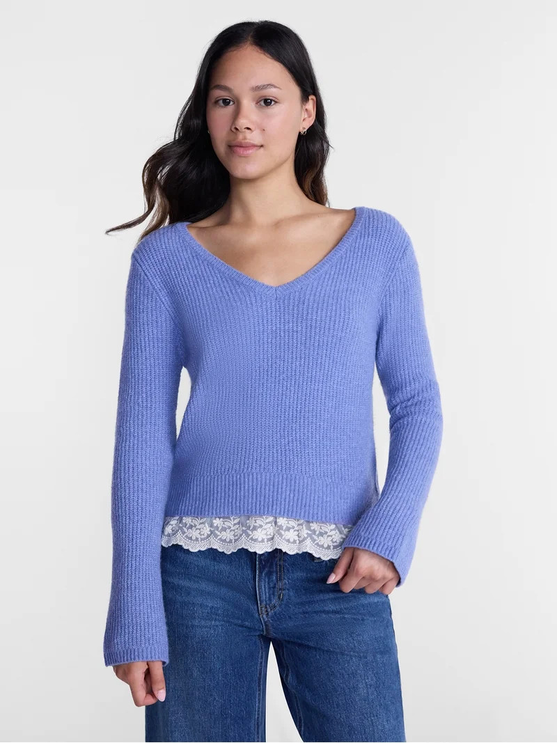 No Boundaries V-Neck Pullover Sweater with Lace Trim, Women's, Sizes XS-XXXL | Walmart (US)