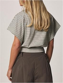 Verdusa Women's Cinched Waist Tops Striped Going Out Mock Neck Top Summer Crop Tees | Amazon (US)