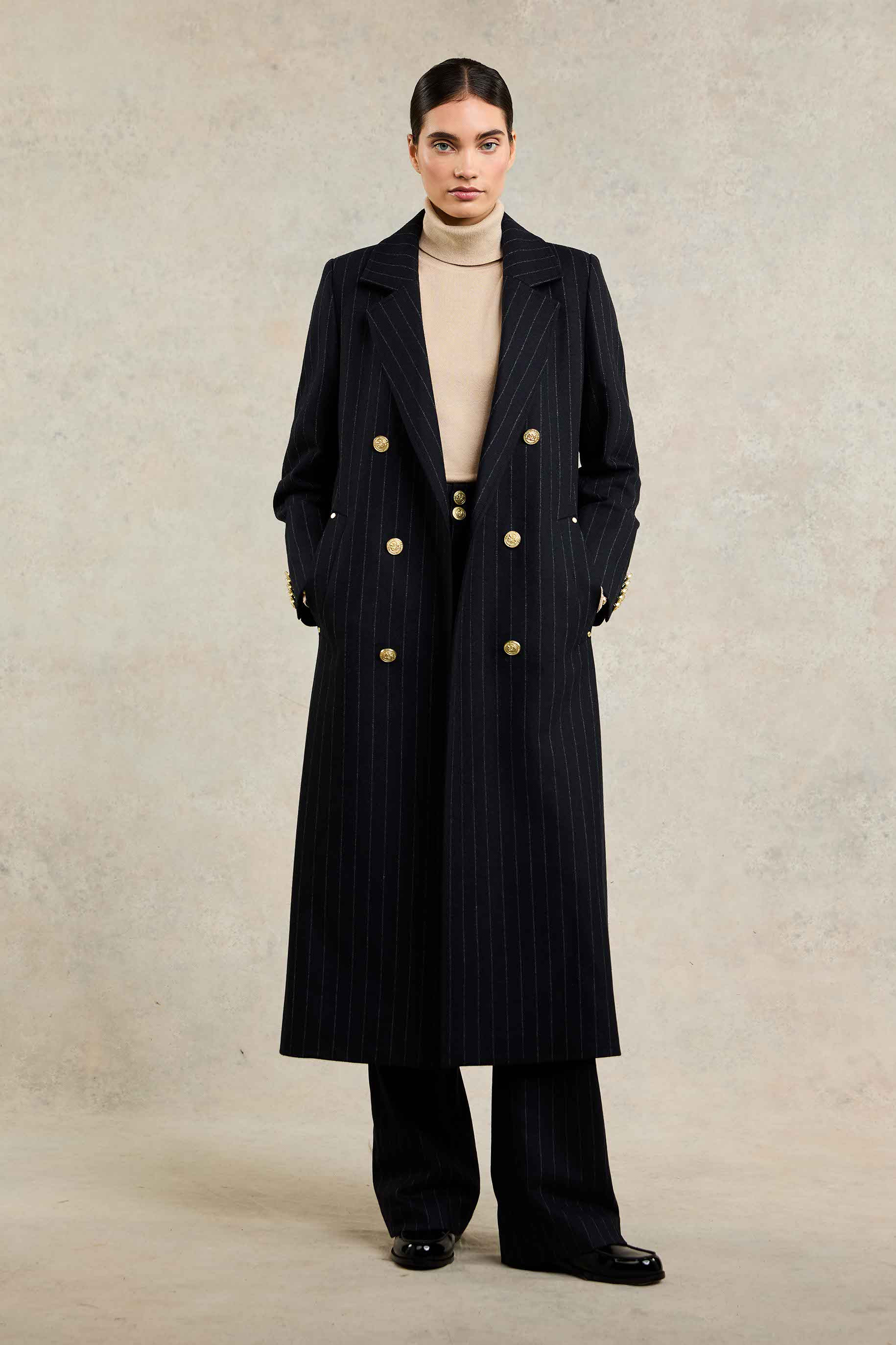 Double Breasted Coat (Dark Navy Pinstripe) | Holland Cooper