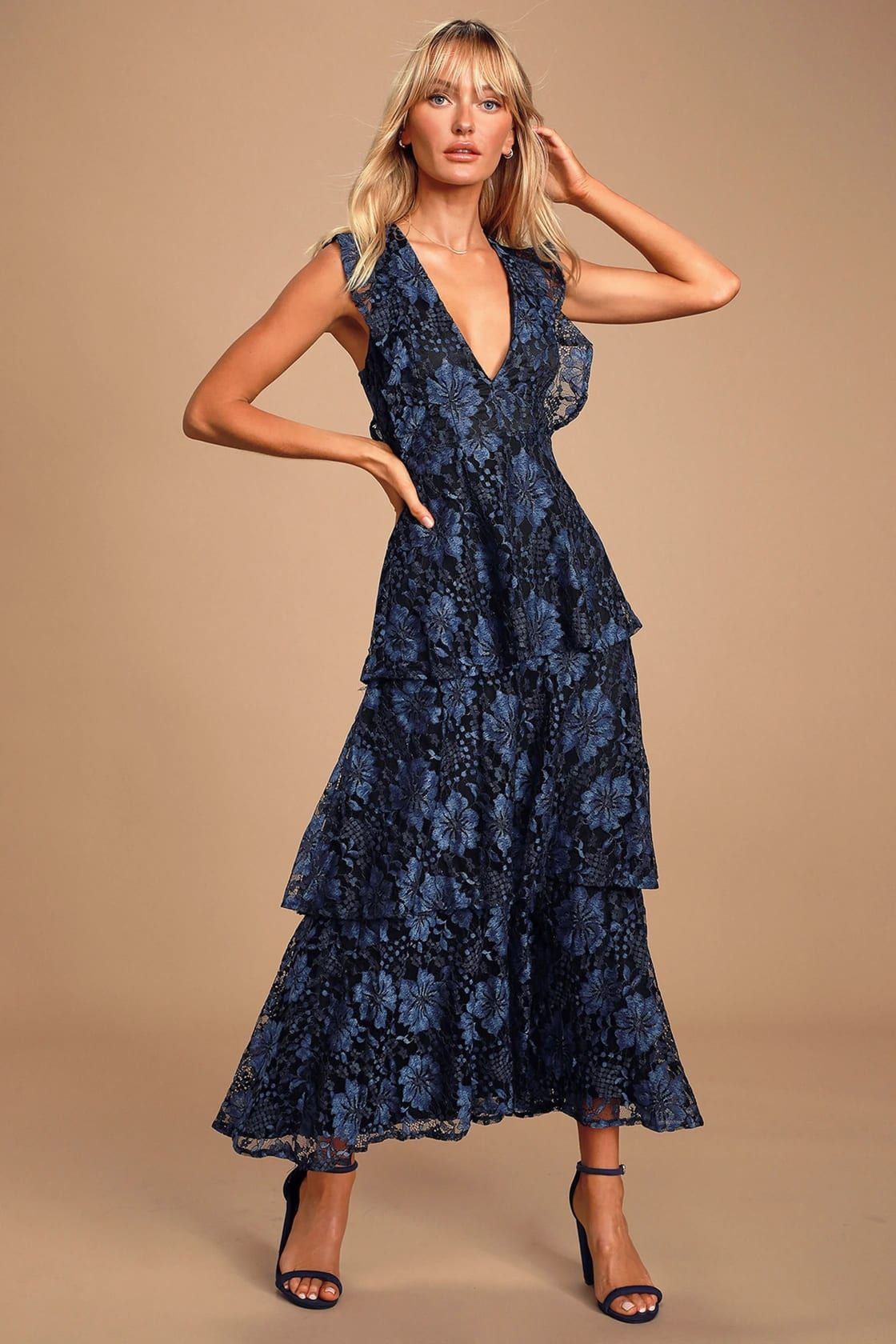 Molinetto Navy Blue Lace Ruffled Tiered Sleeveless Maxi Dress | Lulus