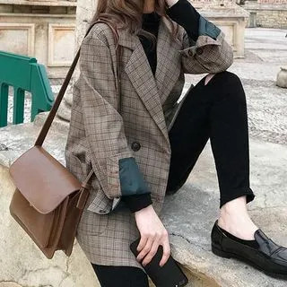 Double-Breasted Oversized Plaid Blazer | YesStyle Global