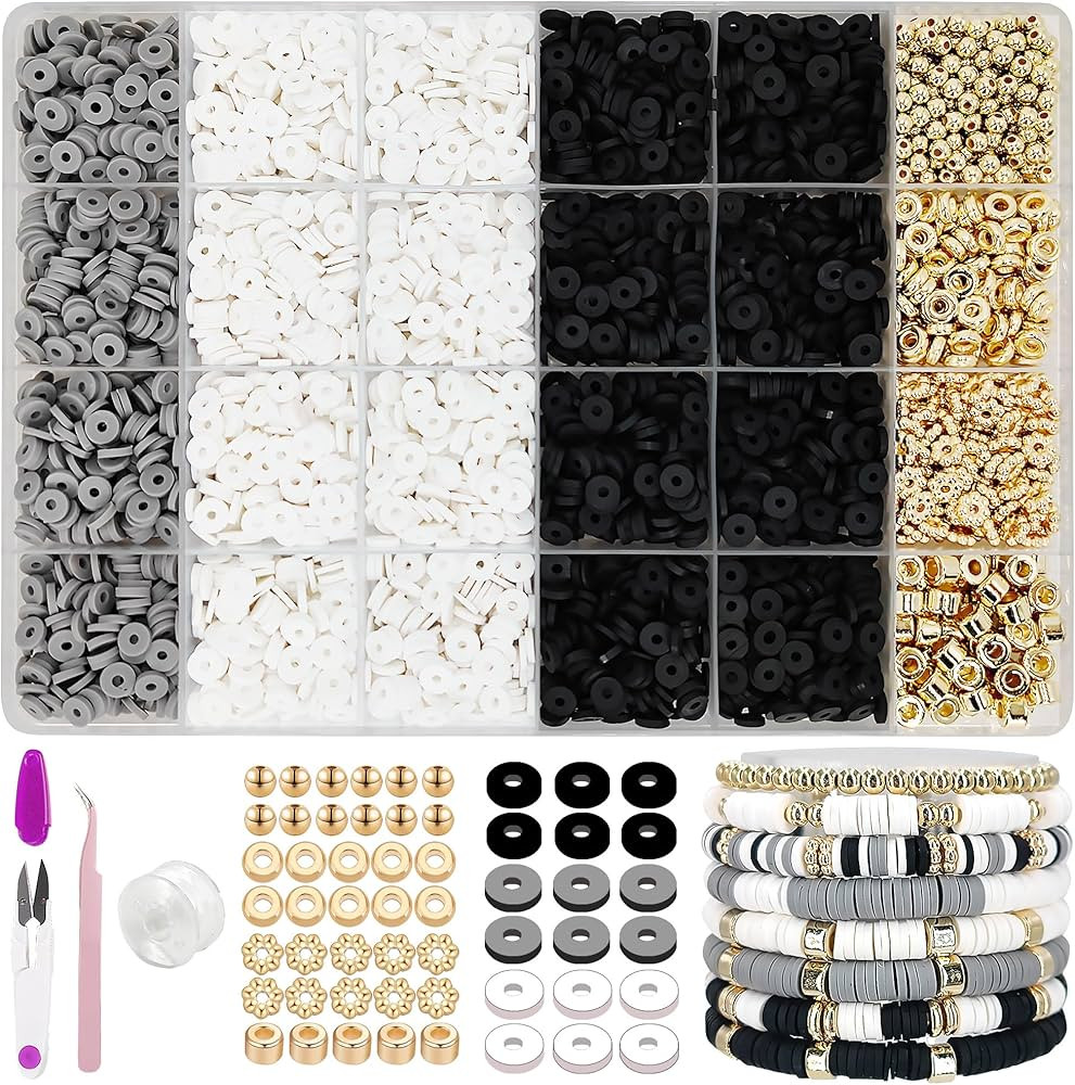 Black and White Clay Bead Bracelet Kit, Heishi Beads, Flat Beads and Gold Spacer Beads for Jewelr... | Amazon (US)