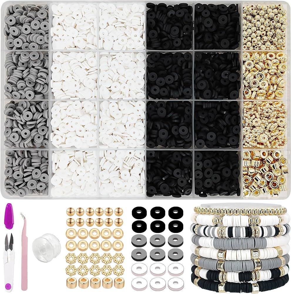 Black and White Clay Bead Bracelet Kit, Heishi Beads, Flat Beads and Gold Spacer Beads for Jewelr... | Amazon (US)