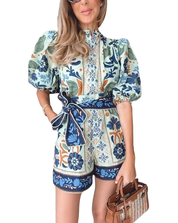 Wuitrie Boho Shorts Jumpsuit for Women Floral Print Puff Short Sleeve Romper with Pockets Summer ... | Amazon (US)
