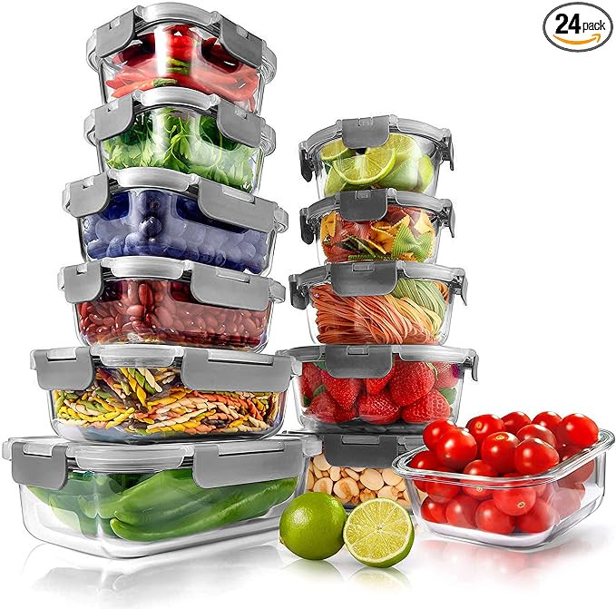 Superior Glass Food Storage Containers - 24-Piece Stackable Glass Meal-prep Containers w/ Newly I... | Amazon (US)