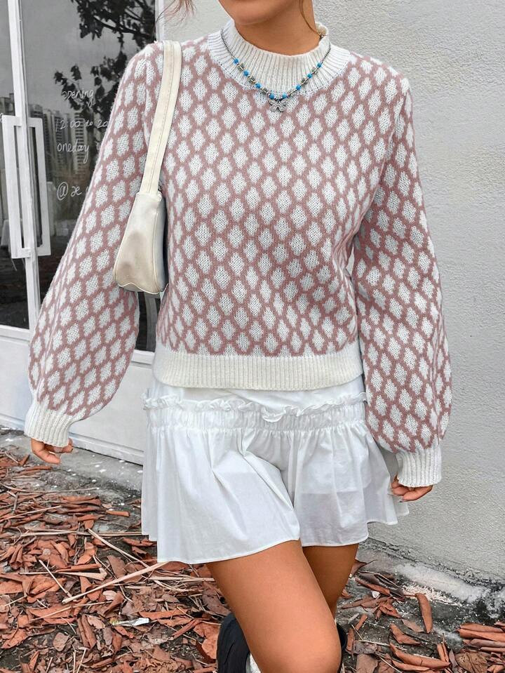 SHEIN EZwear Women's Casual Geometric Pattern Lantern Sleeve Sweater | SHEIN