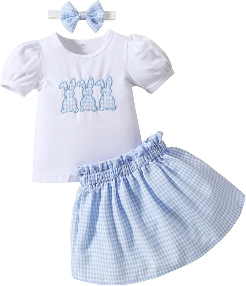 Baby Girl Easter Outfit Toddler Girl Clothes Plaid Skirt Bunny Shirt Headband Infant Summer Cloth... | Amazon (US)