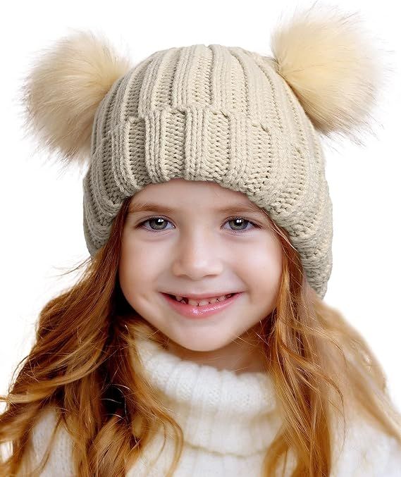 SHINCHIC Toddler Double Pom Pom Beanie Baby Girl Winter hat Warm Soft Toddler Cap Cute Kids Knitt... | Amazon (US)