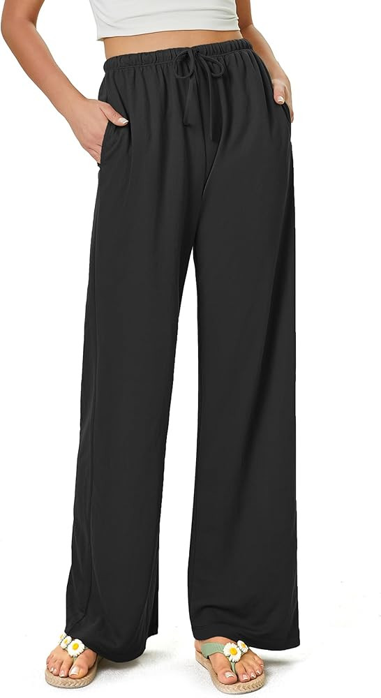 keriffe Women's Flowy Wide Leg Pants Casual Beach Pants High Waisted Drawstring Palazzo Trousers ... | Amazon (US)