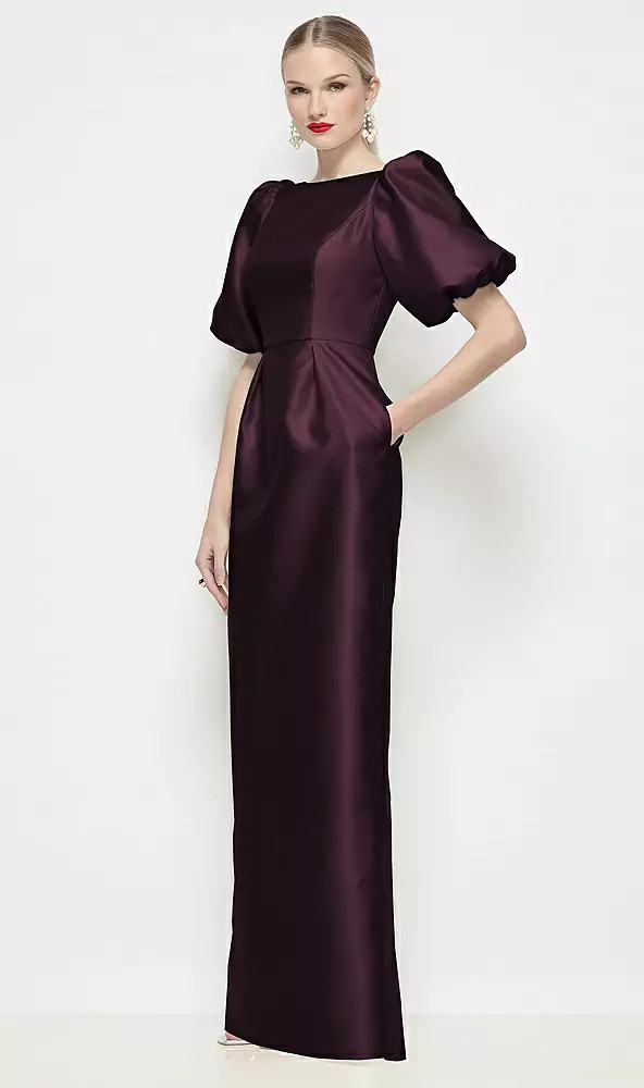 Bateau Neck Satin Column Maxi Dress with Puff Sleeves in Deep Plum | Dessy Group