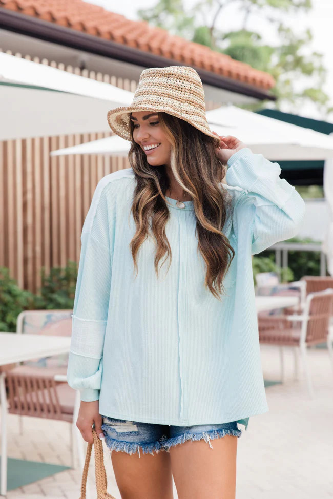 Never Leaving Blue Waffle Top With Gauze Trim SALE | Pink Lily