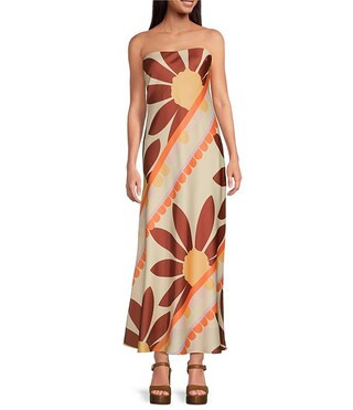 Gianni Bini Francesca Strapless Print Satin Slip Maxi Dress | Dillard's | Dillard's