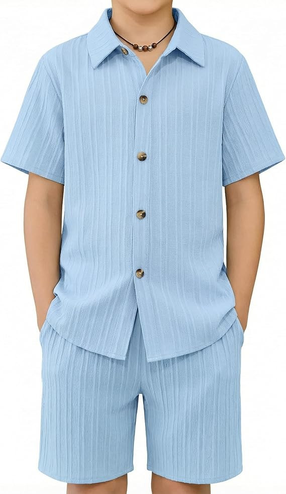 Arshiner Boy's Summer Beach Outfits Textured Button Down Shirt and Short Sets Casual Vacation Clo... | Amazon (US)