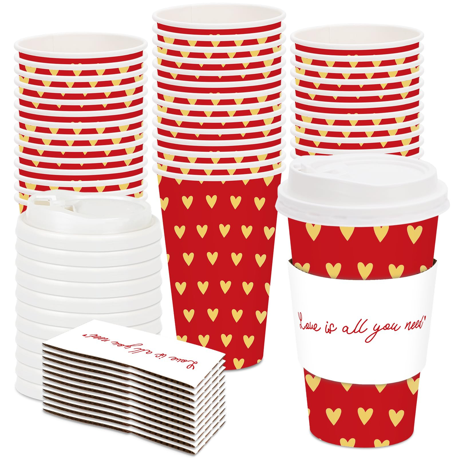 48 Set Valentine's Day Disposable Coffee Cups with Lids and Sleeves Red Gold Heart Paper Drinking... | Amazon (US)