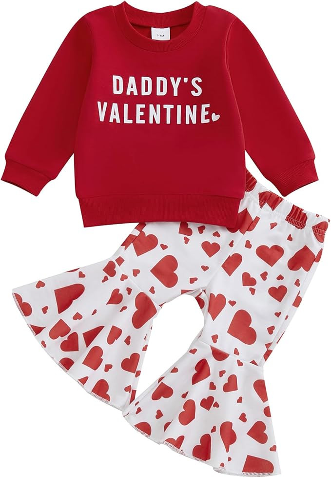 Engofs Toddler Baby Girl Valentines Day Outfit Long Sleeve Letter Print Sweatshirt Flared Pants S... | Amazon (US)