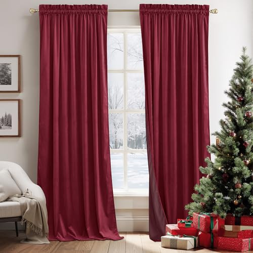 RYB HOME Burgundy Red Velvet Curtains for Christmas Decor, Soft Luxury Backdrops for Studio Theater, Rod Pocket Design for Bedroom Living Room, 52" W x L90 L, 2 Panels Set | Amazon (US)