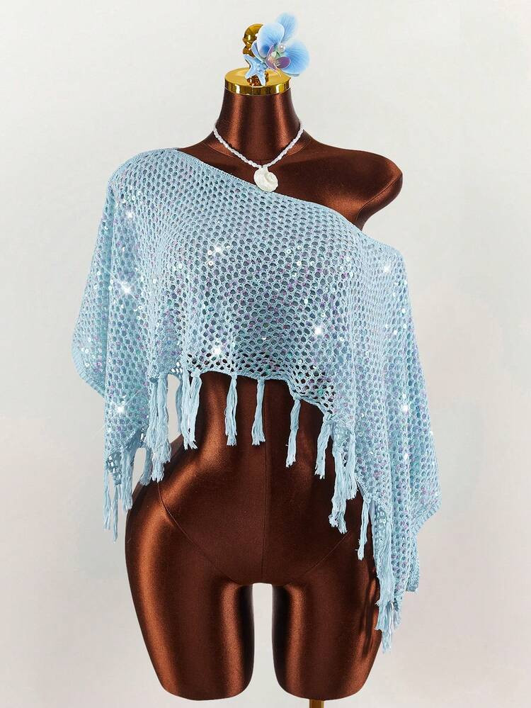 Amplova Women's Knitted Fringe Cover Up Top, Asymmetrical Hem Pullover, Sexy & Avant-Garde, Suitable For Holiday Wear, Shiny Blue Summer Clothes Women | SHEIN