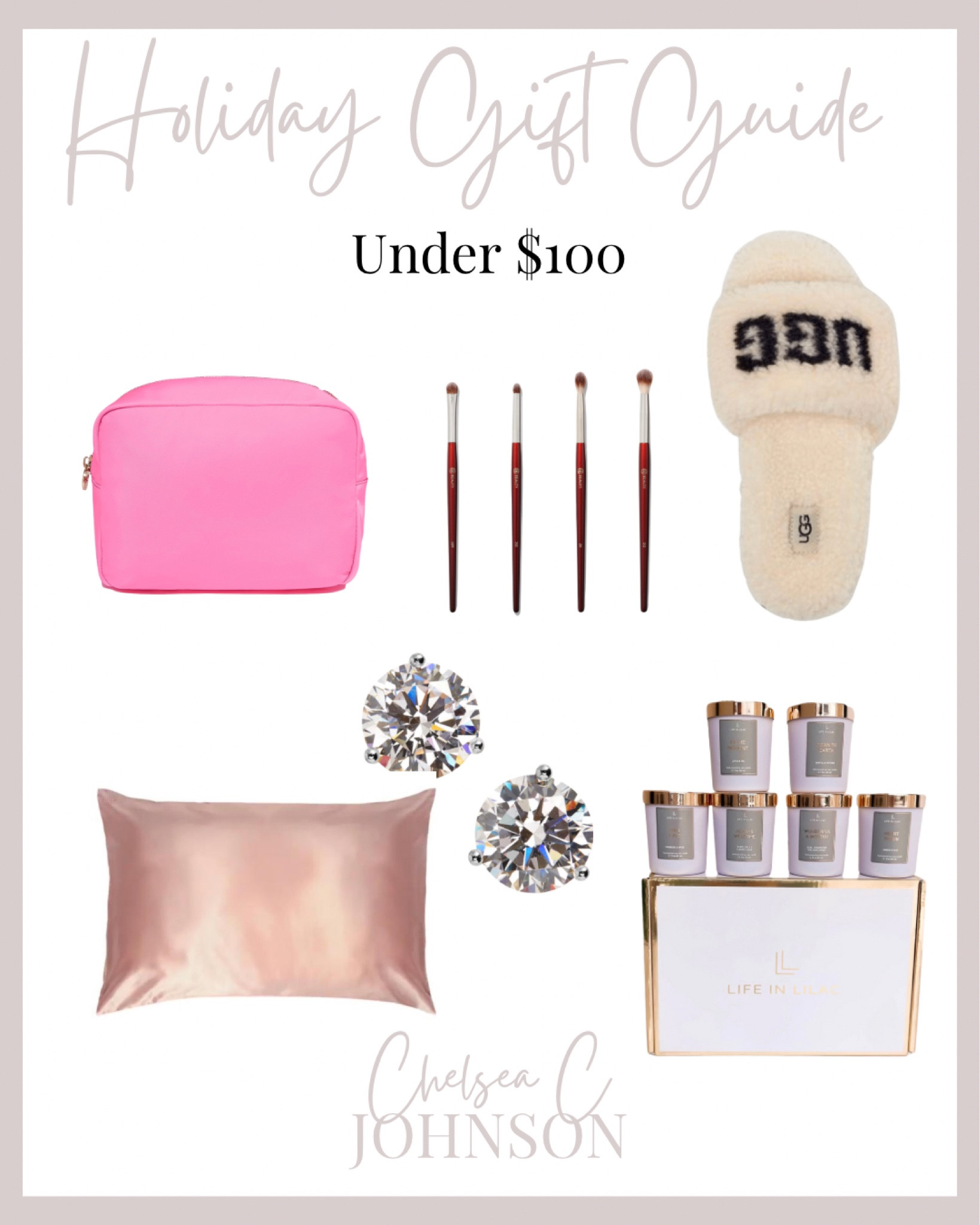 Ugg slippers
Stanley clover pouch
Bl beauty makeup brushes
Slip silk pillowcase
Life in lilac candles
Diamond like earrings



#LTKunder100 #LTKbeauty #LTKHoliday