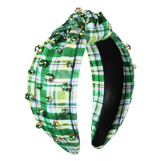 St. Patrick's Day Headband, Green Plaid Hair Accessories for Women, Knotted Headband with Crystal... | Amazon (US)