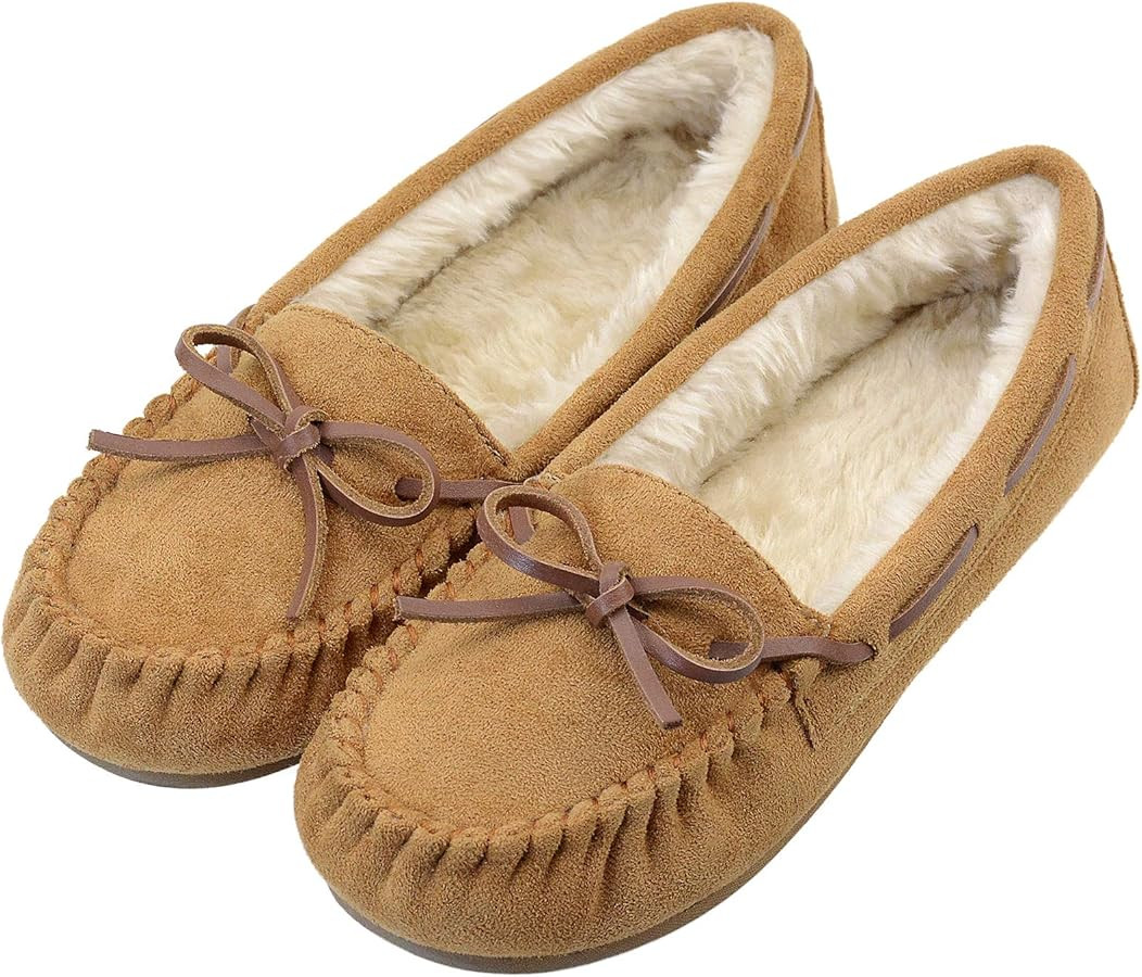 Vonair Women's Moccasin Slippers Micro Suede Warm Faux Fur Pile Lined Lace-Up Cozy Bow Indoor & O... | Amazon (US)
