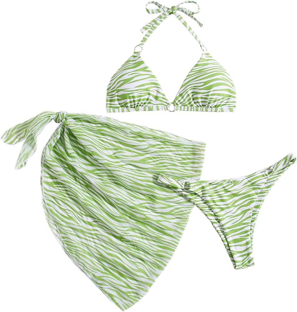 SOLY HUX Women's Halter Triangle Bikini Bathing Suits with Beach Skirt 3 Piece Swimsuits Green L | Amazon (US)