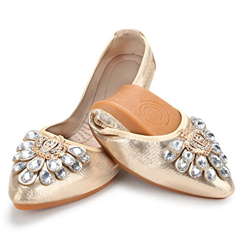 KUNWFNIX Women's Ballet Flats Foldable Classic Crown Rhinestone Slip On Flowers PU Leather Pointed Toe Comfort Flat Casual Dress Shoes | Amazon (US)