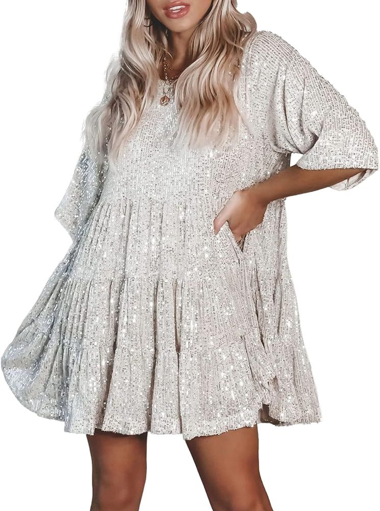 MAYSTEPPE Sparkly Glitter Dress, Sequin Babydoll Summer Dress Short Flowy Tiered Tunic Dress for ... | Amazon (US)