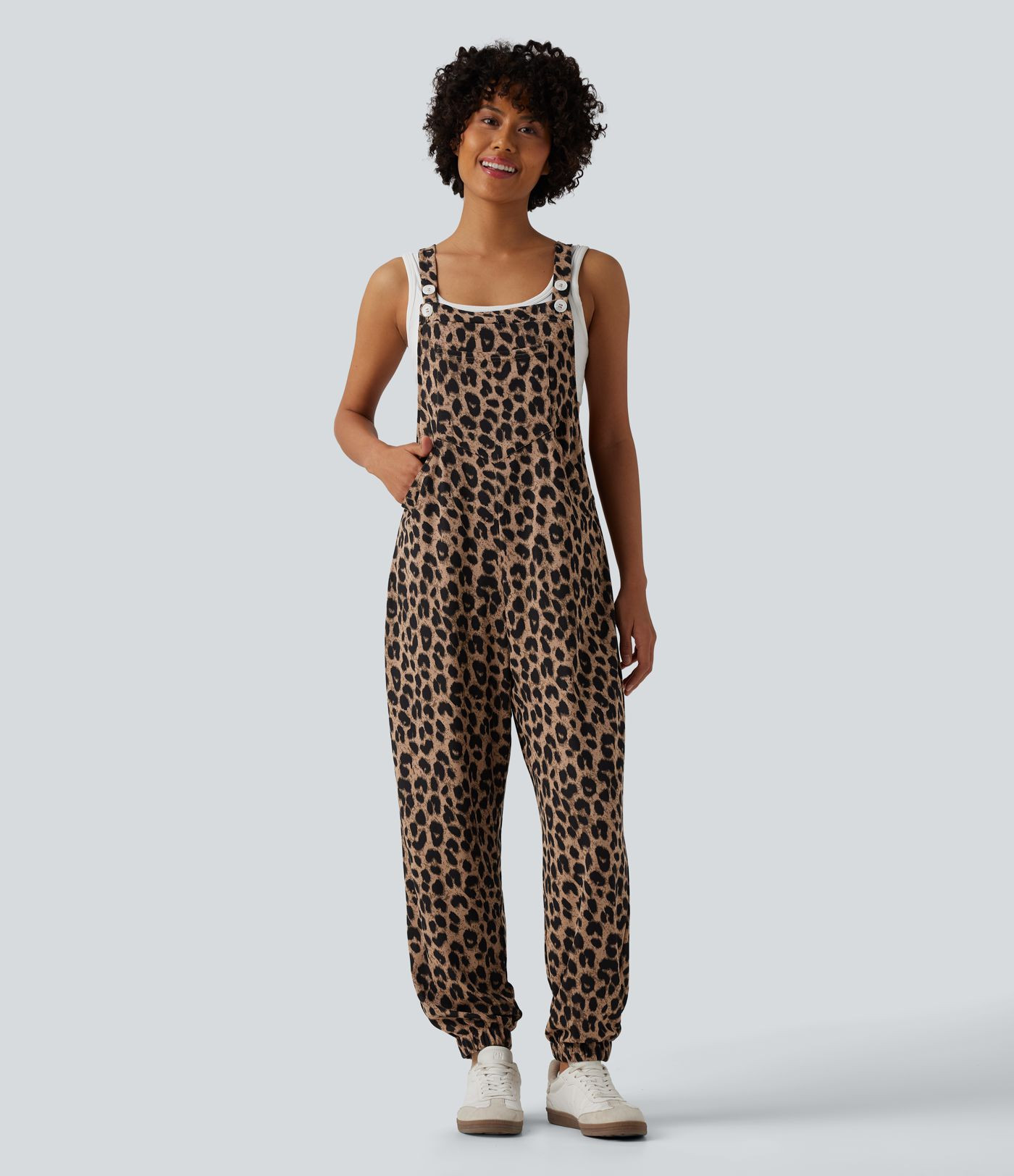 Women’s Adjustable Straps Leopard Print Waffle Casual Jogger Overalls with Pockets - Halara | HALARA