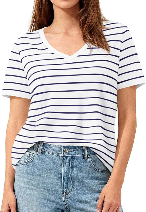 PRETTYGARDEN Short Sleeve Shirts for Women 2026 Spring V Neck Cute Tops Casual Striped Shirt Knit... | Amazon (US)