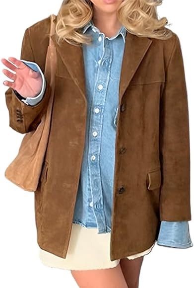 IDEALSANXUN Womens Suede Jacket Fall Winter Fashion Casual Oversized Faux Leather Blazer Jacket T... | Amazon (UK)