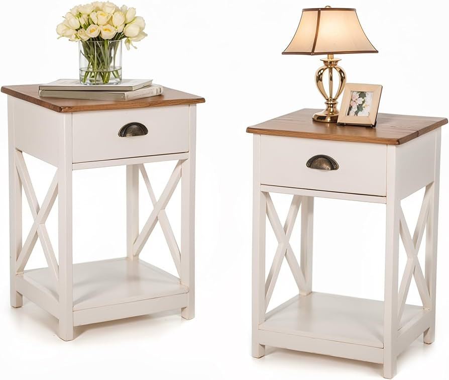 PHI VILLA End Table Living Room Set of 2 - Farmhouse Bedroom Nightstands Small Bedside Table, Ivo... | Amazon (US)