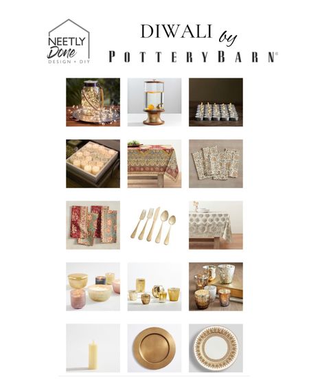 Pottery Barn has the best festive ware for your next party! Love the block print table decor along with gold flatware and festive gold plates. Beautiful candle holders and fairly lights to create the perfect scene for Diwali!